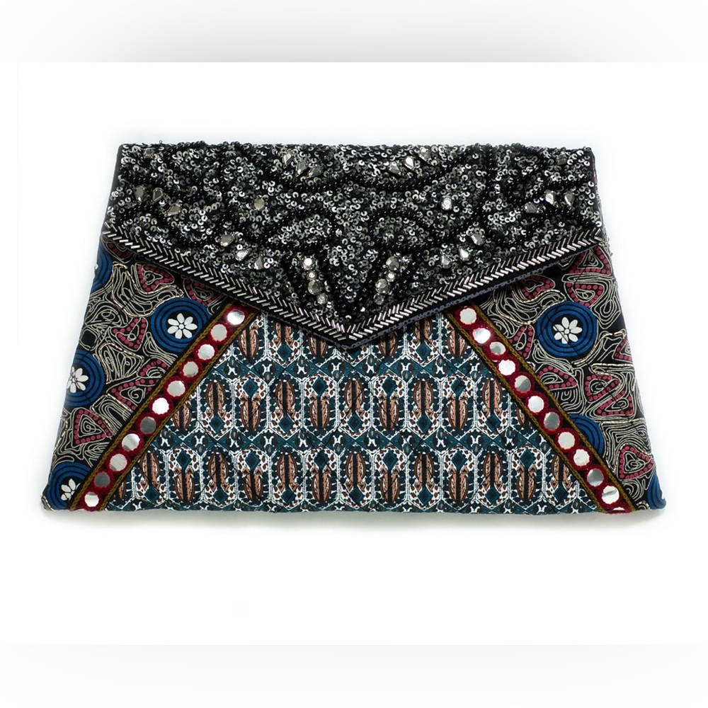 ZARA Embellished Beaded Sequin Boho Envelope Clutch Bag Made in India